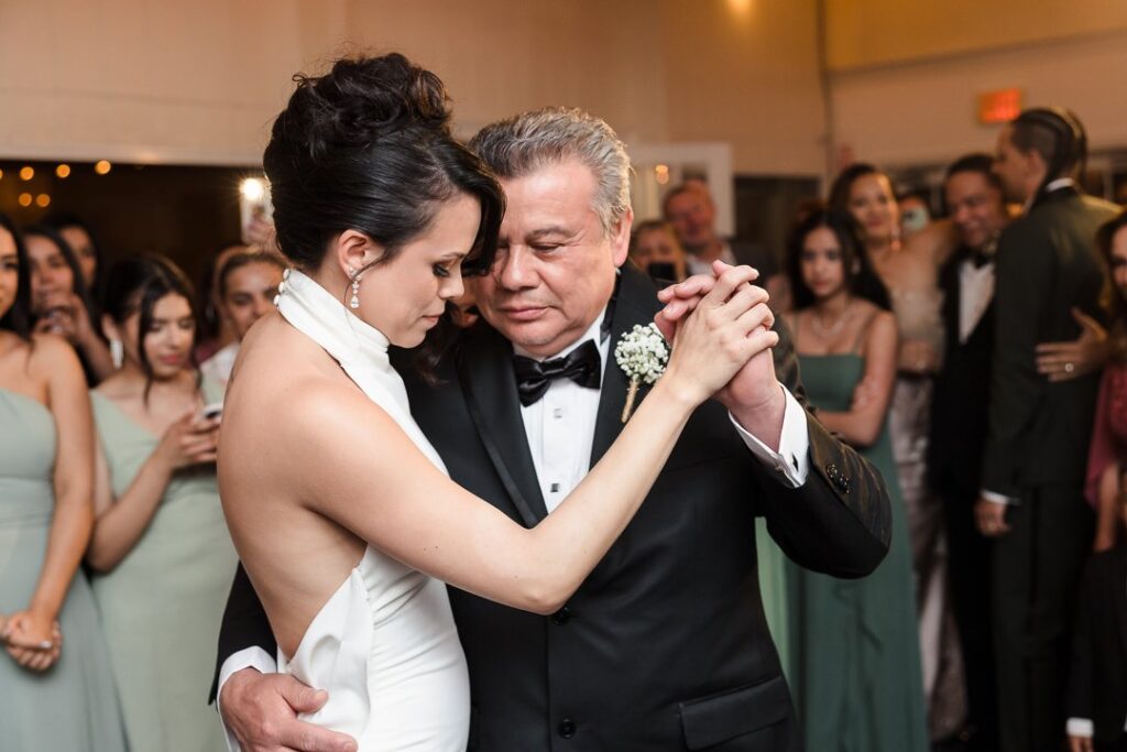 bride and father dancing at reception at Mansion at West Sayville