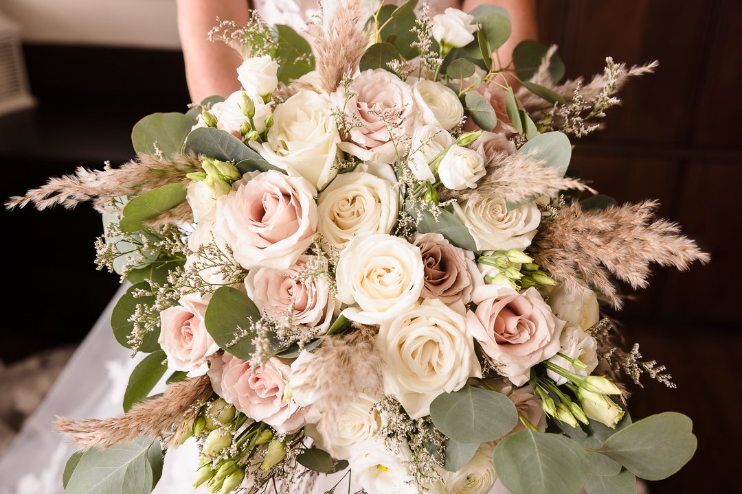 pink and white rose wedding bouquet