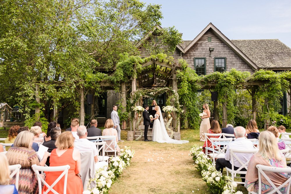 Couple exchanges vows in front of family and friends.