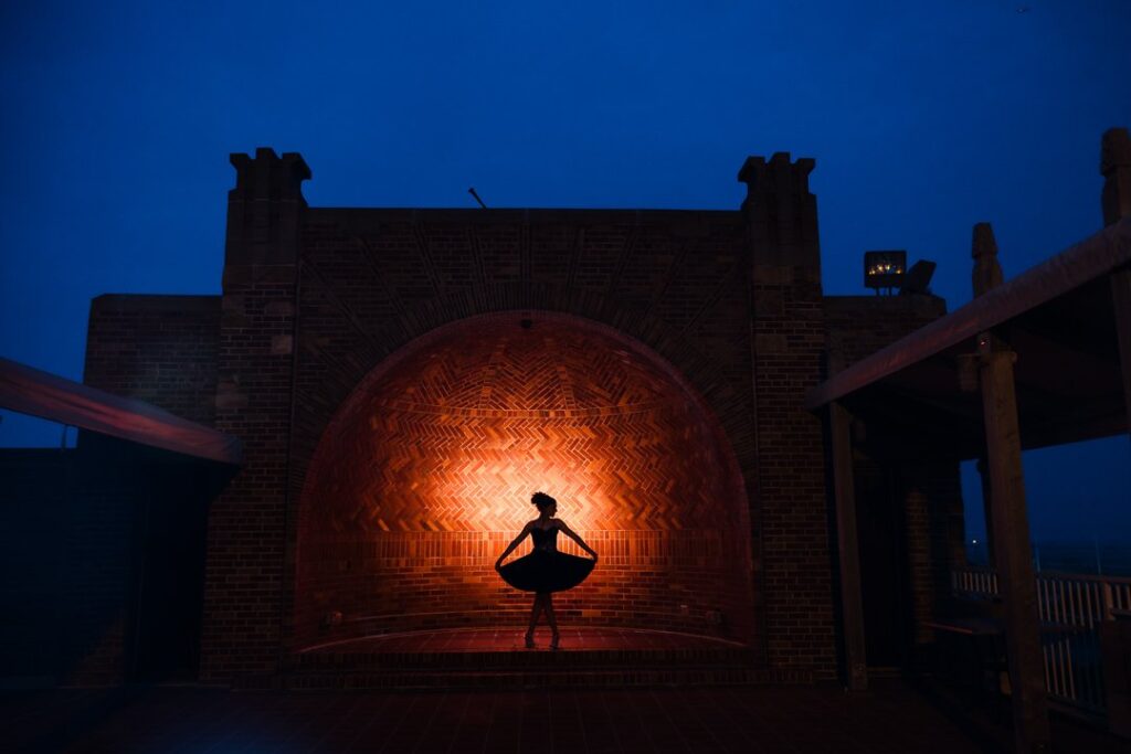 Bride at blue hour at Gatsby on the Ocean in silhouette