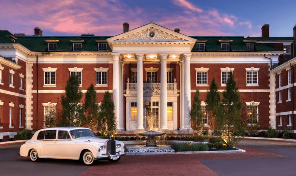 Stately entrance to the mansion at a wedding venue. 