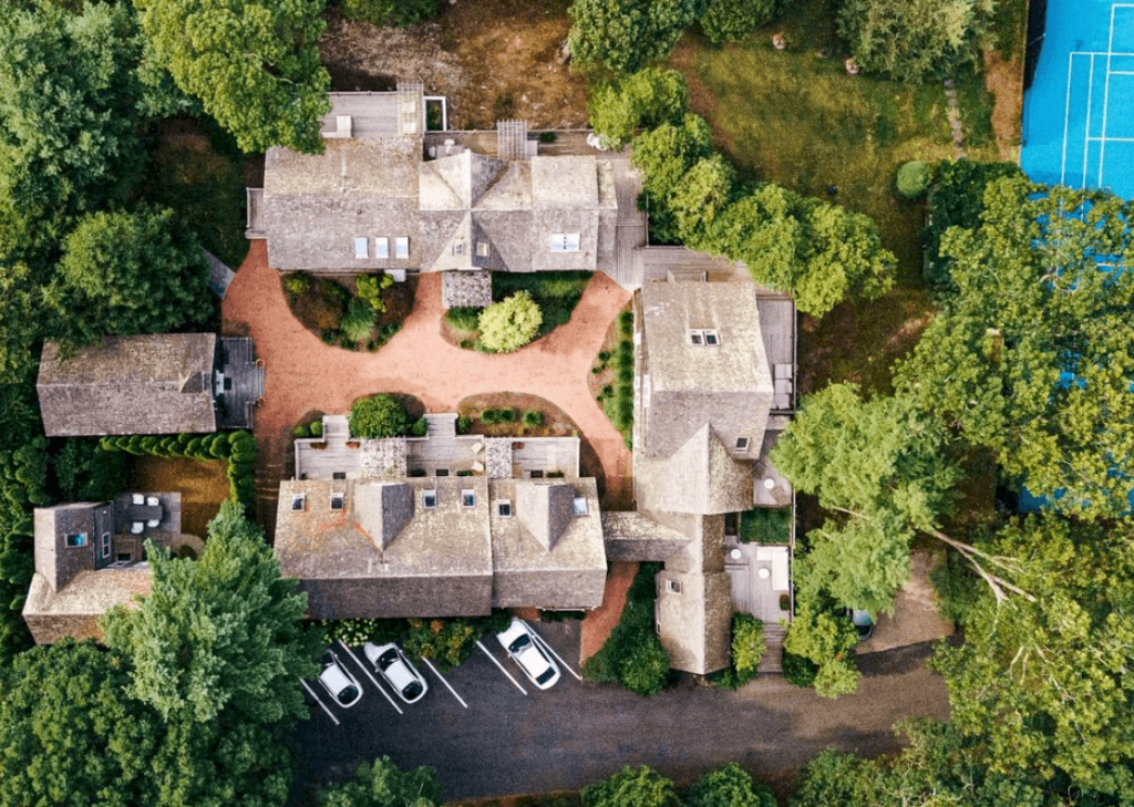 Aerial view of the grounds at this nine-acre waterfront resort. 