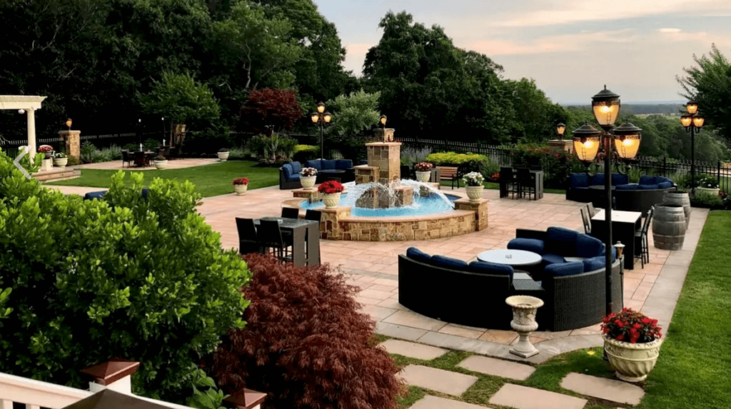 Outdoor patio with fountain at Giorgio's.