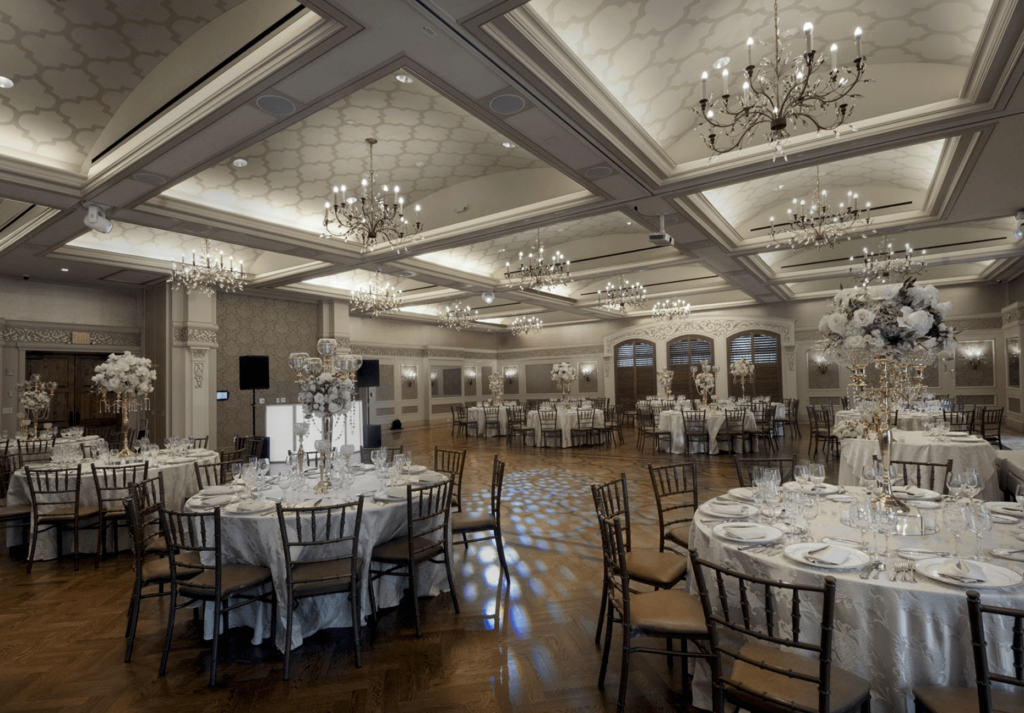 Ballroom reception space decorated for a luxury wedding.  