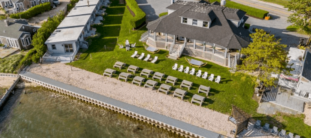 Aerial view of the waterfront bungalows.