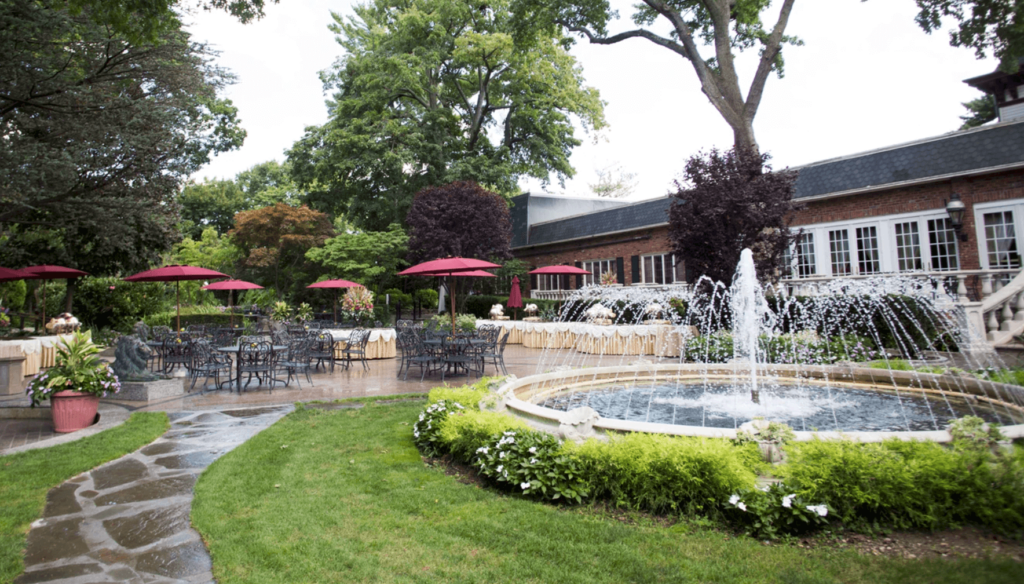 Outdoor patio and fountain at Westbury Manor.