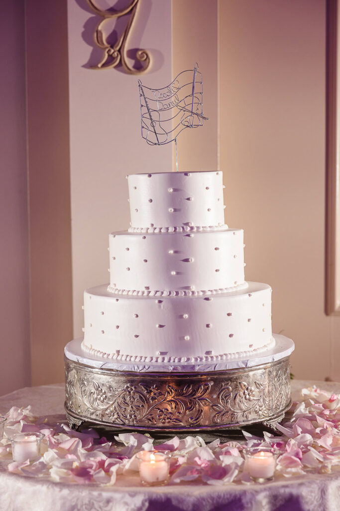 Wedding cake decorated with pearls at Larkfied.