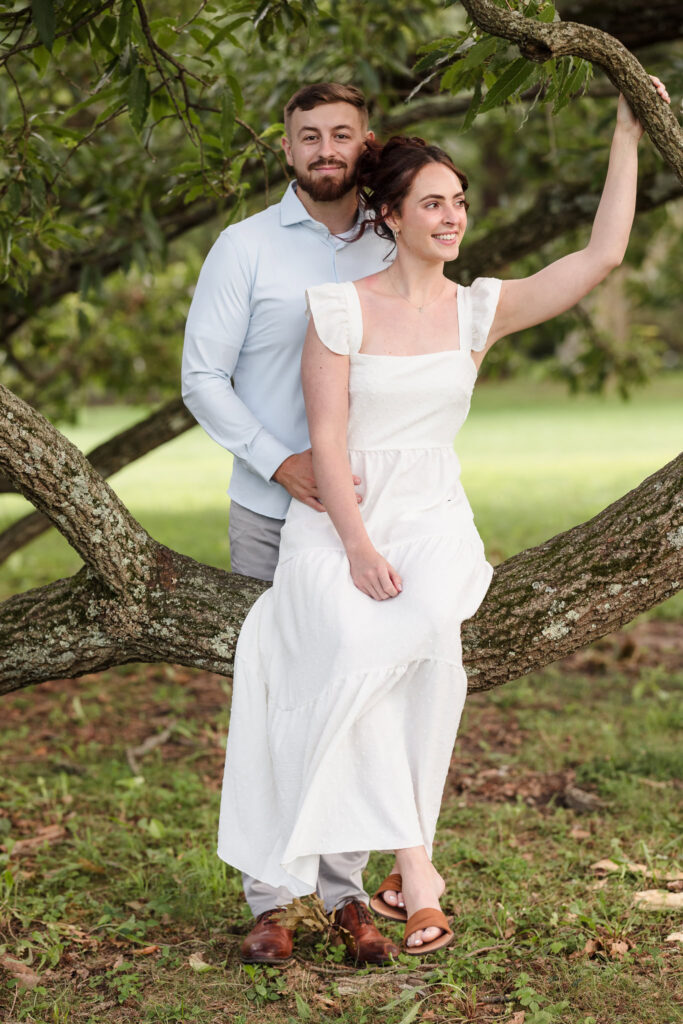 Woman sitting in tree with man standing behind her during their Planting Fields Arboretum engagement session.