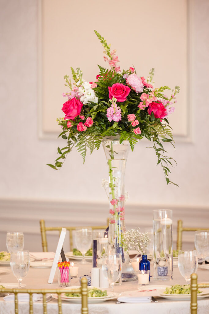 tall centerpiece with pink flowers