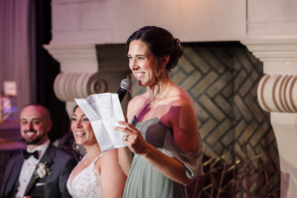 Maid of honor giving speech at The Somerly wedding reception.