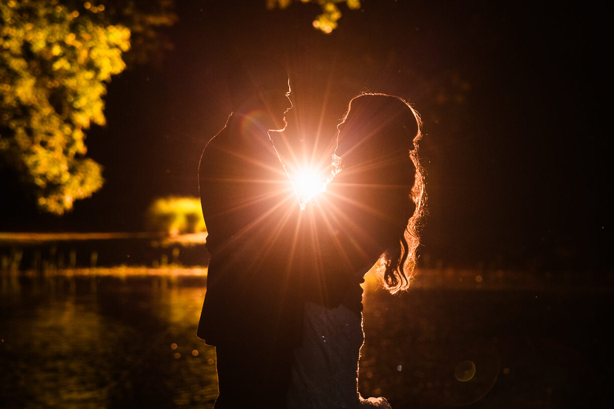 Silhouette of bride and groom at Flowerfield Celebrations.