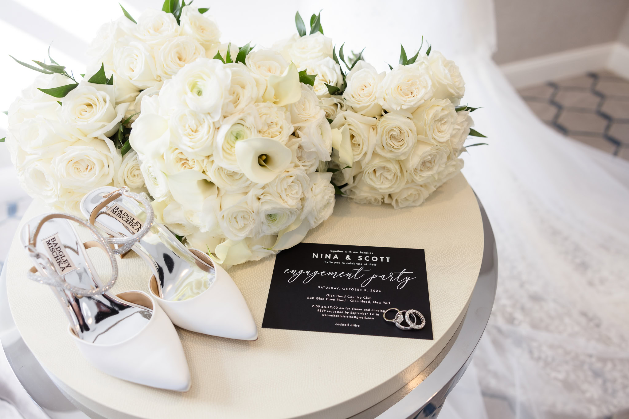 Shoes, flowers, jewelry, and invitation at Glen Head Country Club Wedding