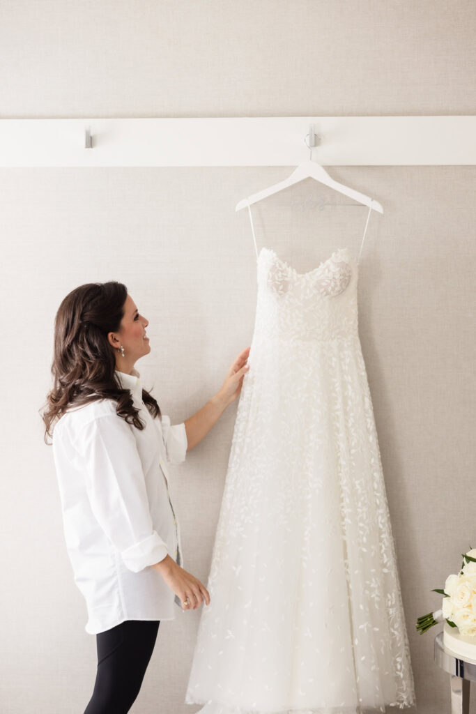 Bride with wedding dress.