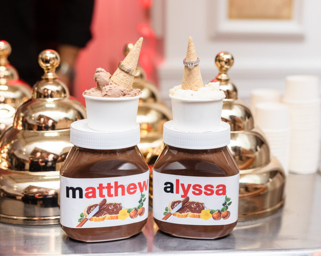 Nutella jars with the bride and groom's names printed on them at the Garden City Hotel. 