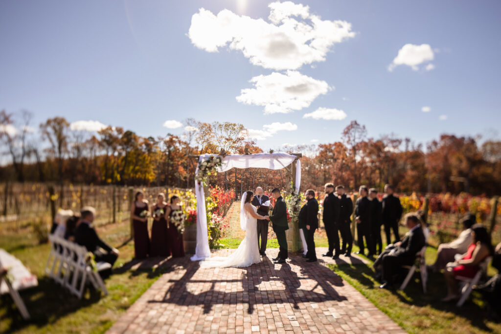 Wide shot wedding ceremony at The Vineyard at East Wind Long Island. 