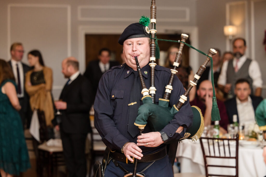 Bagpipers walking into wedding reception