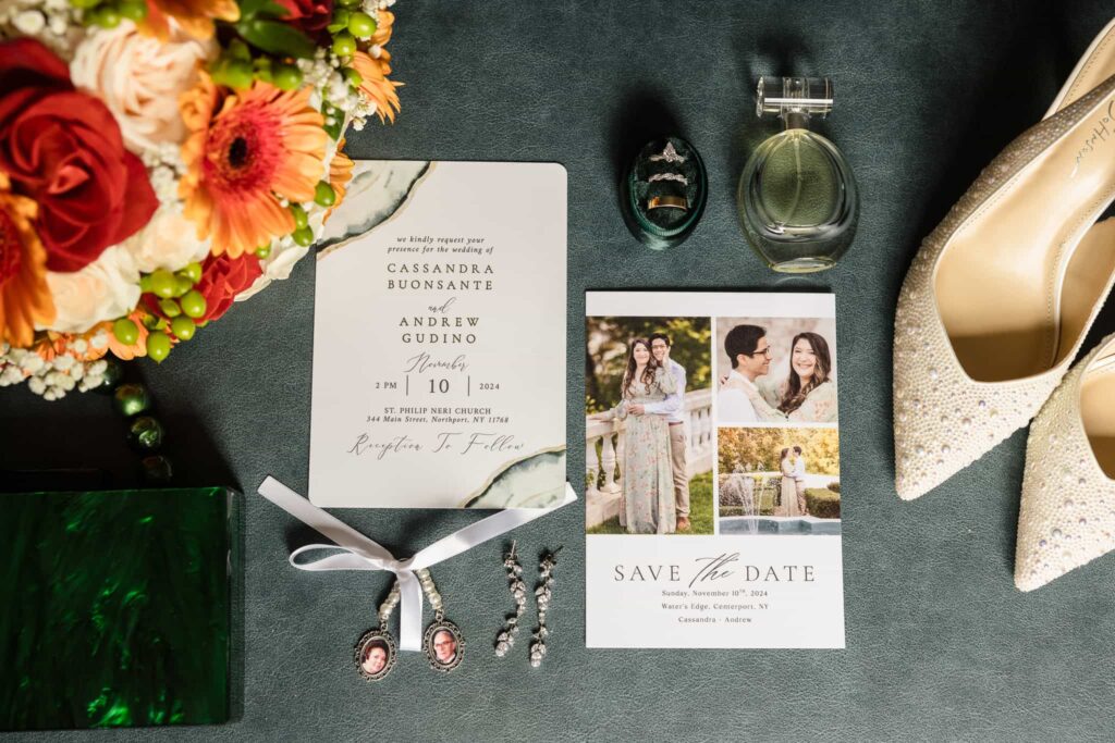 Flatlay of bride and groom details.