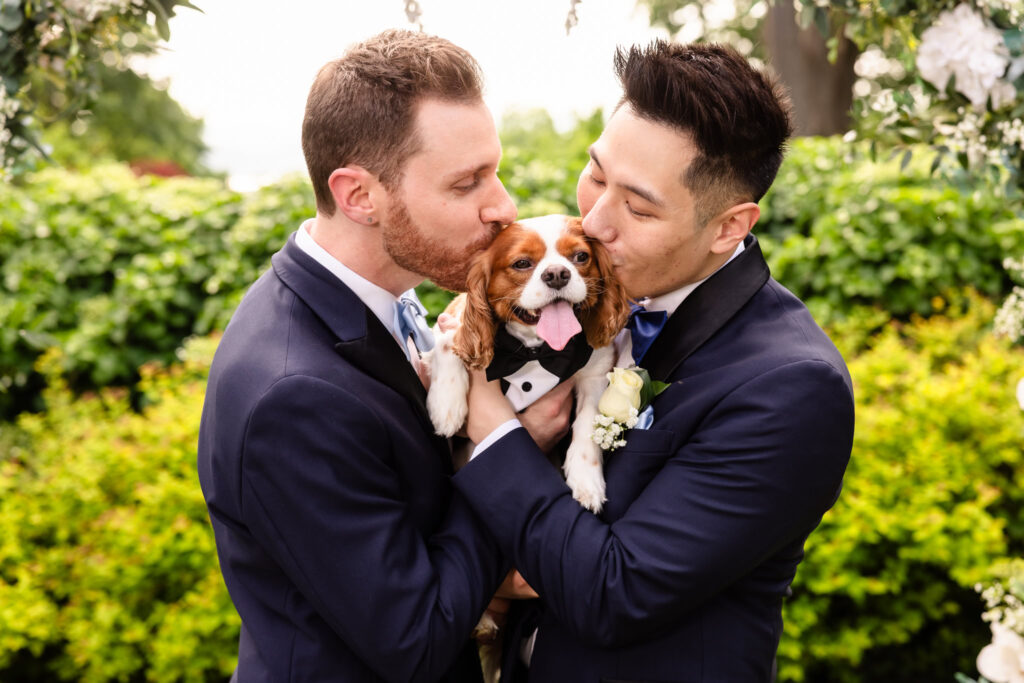 Grooms holding and kissing their Cavalier King Charles Spaniel during portraits at The Briarcliff Manor.

