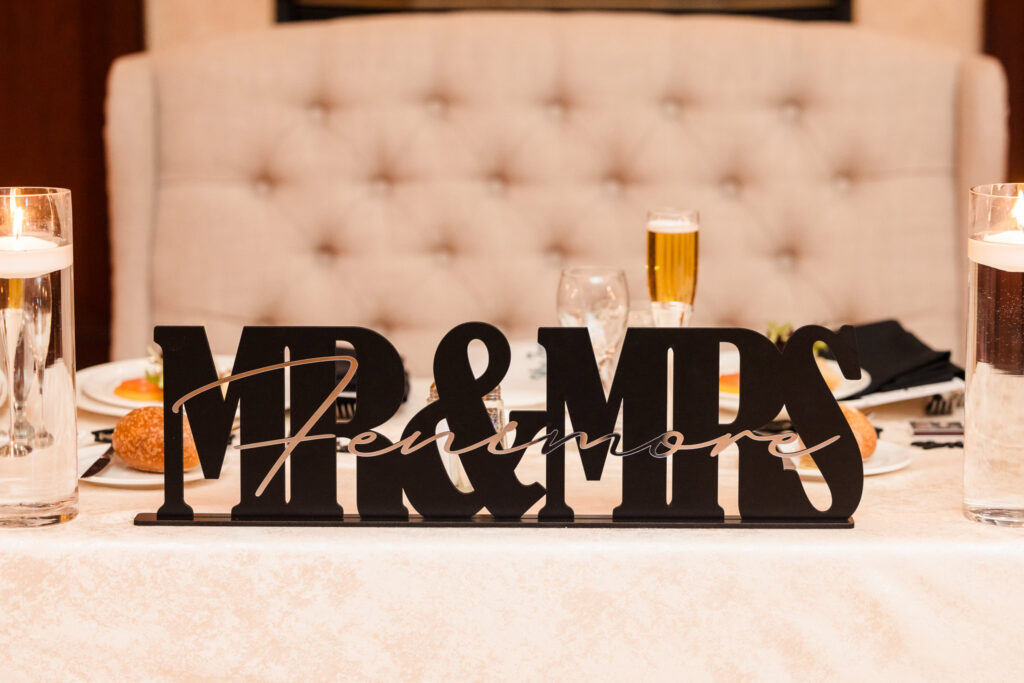 Close-up of a black “Mr. & Mrs.” name sign at the sweetheart table, accented by floating candles, champagne flutes, and soft tufted seating at The Inn at New Hyde Park.

