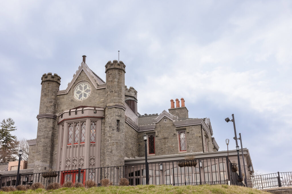 Majestic stone turrets and facade of Whitby Castle wedding venue in Westchester County