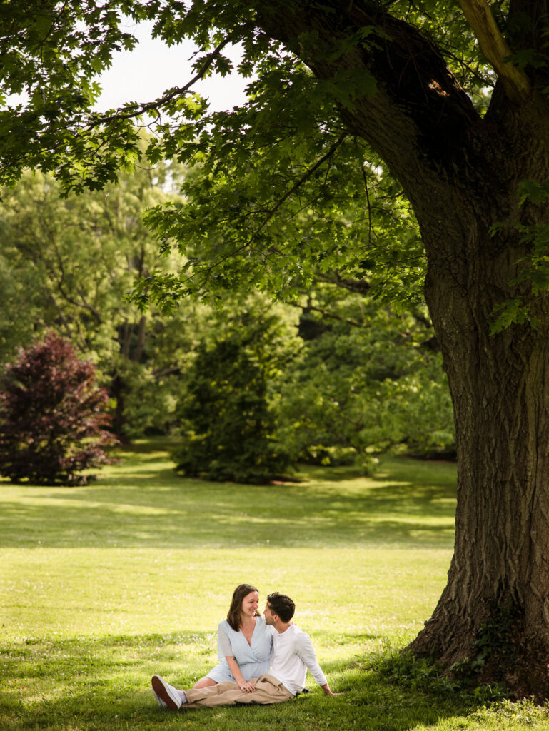 Romantic engagement photo of a couple sitting under a large oak tree at Planting Fields Arboretum, sharing a quiet moment surrounded by lush greenery.