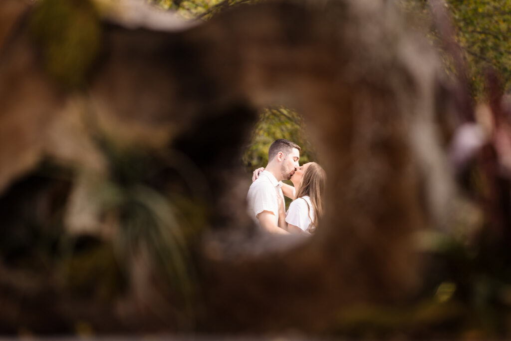 Couple shares a romantic kiss framed through tree branches during their fall engagement session.