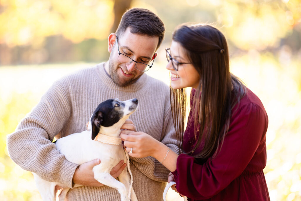 Engaged couple laughing together while holding and adjusting a collar on their small dog during their fall engagement session at Bethpage State Park.