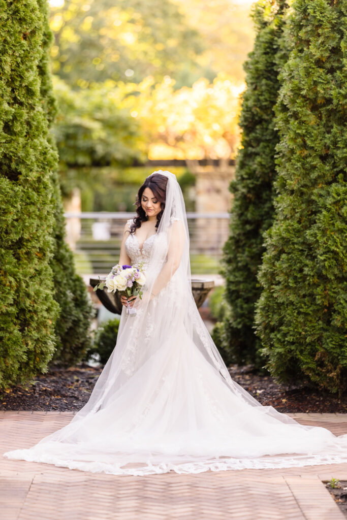 Bride standing peacefully in Larkfield’s garden pathway, holding a white and lavender bouquet with her cathedral veil and lace gown softly trailing behind.