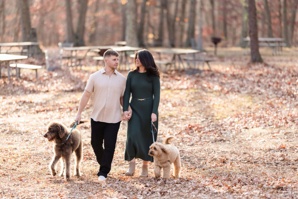 Engaged couple walking hand in hand with their two dogs through fallen leaves at Bethpage State Park during a late fall engagement session.