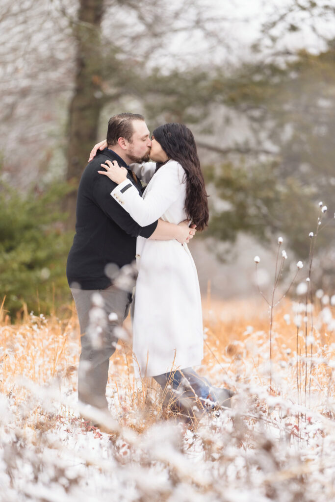 Couple sharing a romantic kiss in a snow-dusted winter field at Bethpage State Park, surrounded by soft golden grasses and muted trees.