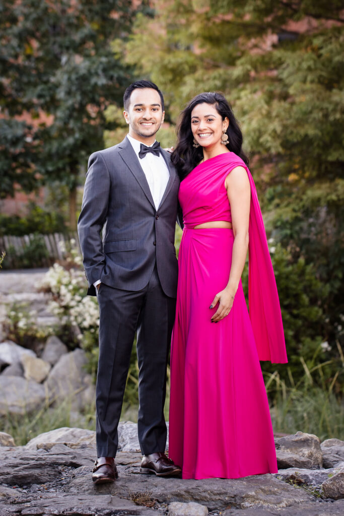 Refined engagement session NYC portrait of Mahati and Winston in formal attire, styled in a sari inspired engagement dress and tuxedo.
