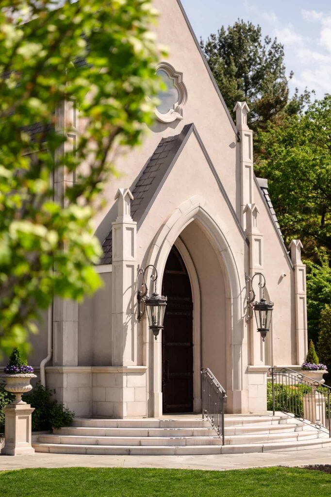Chapel entrance at Park Chateau Estate and Gardens in East Brunswick, NJ, a signature ceremony space at this luxury New Jersey wedding venue.