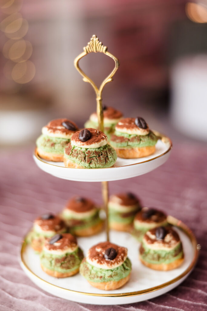 Tiered dessert stand with miniature tiramisu pastries served during the Blush Hour showcase inside the wedding venue in NY.