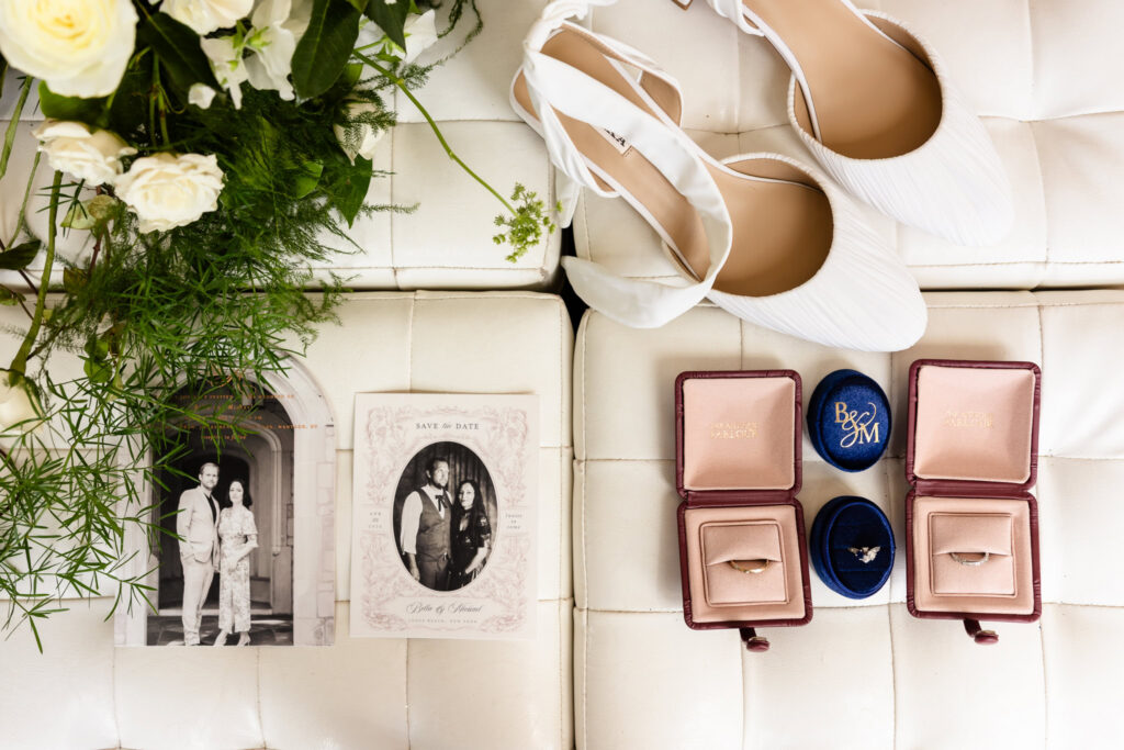 Wedding details including antique jewelry, stationery, bridal shoes, and florals styled for a 1920s wedding on Long Island.