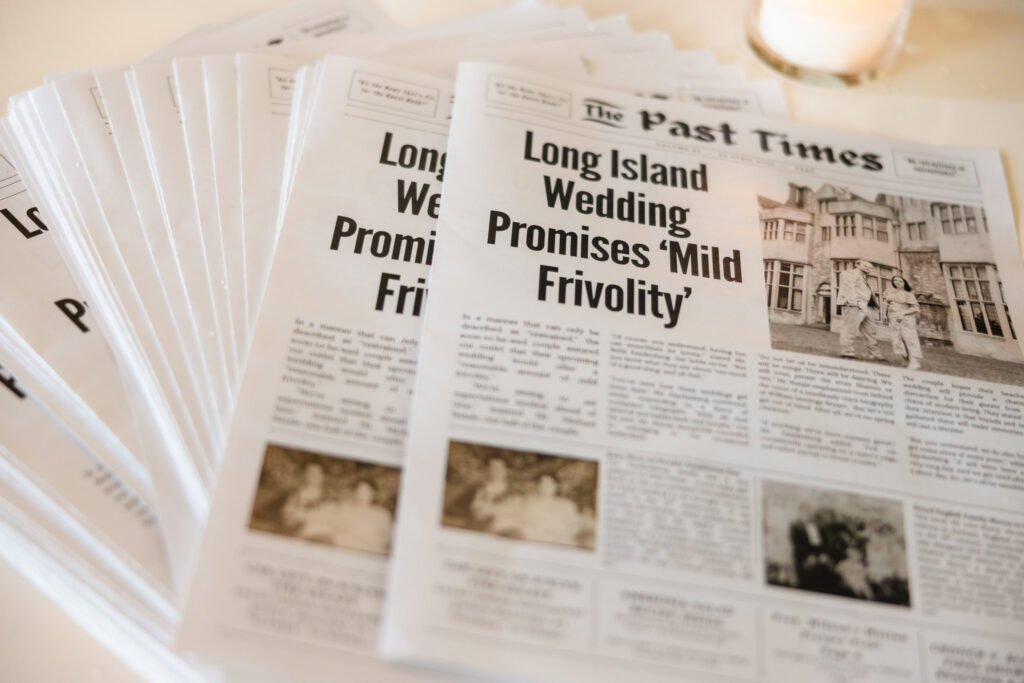 Custom newspaper created for guests as a unique detail at a 1920s wedding on Long Island.