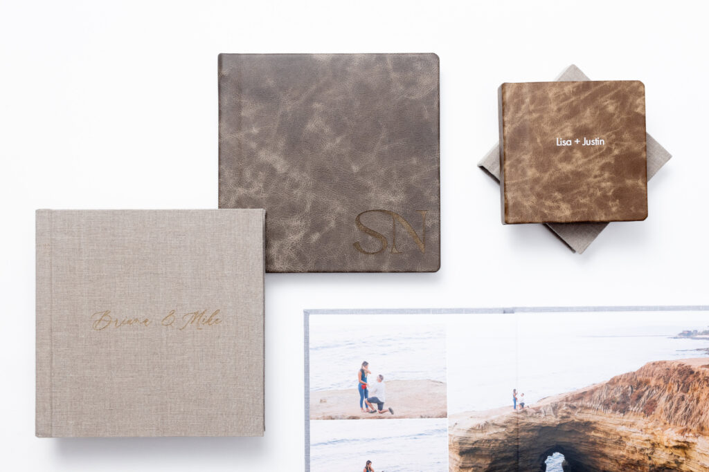 Premium leather and linen wedding albums with personalized covers, showing why wedding albums matter for preserving legacy.