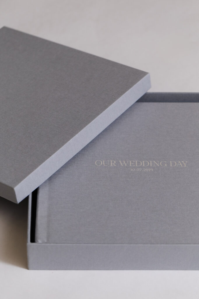 Elegant heirloom wedding album inside a matching presentation box