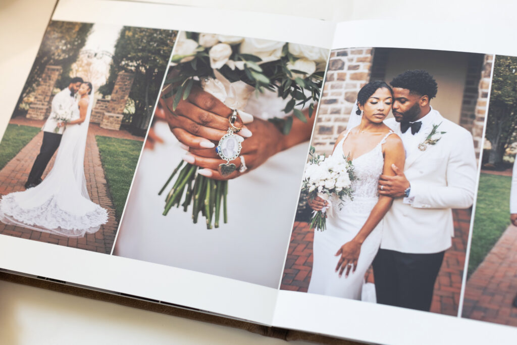 Storytelling wedding album spread with portraits and detail photographs.