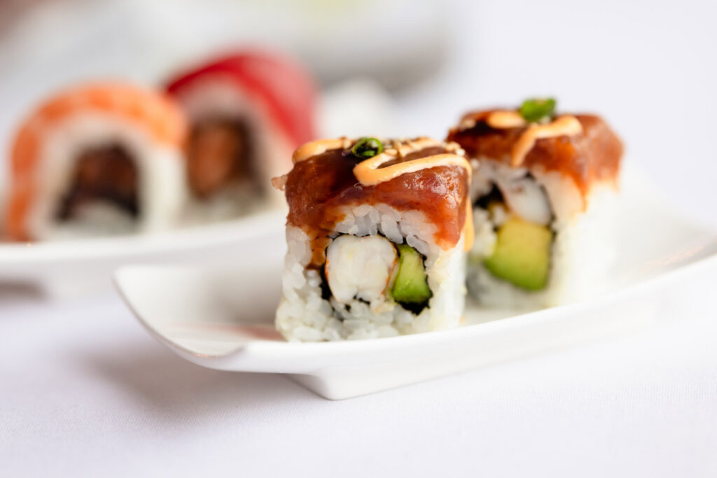 Fresh sushi rolls presented during cocktail hour in Huntington, New York.