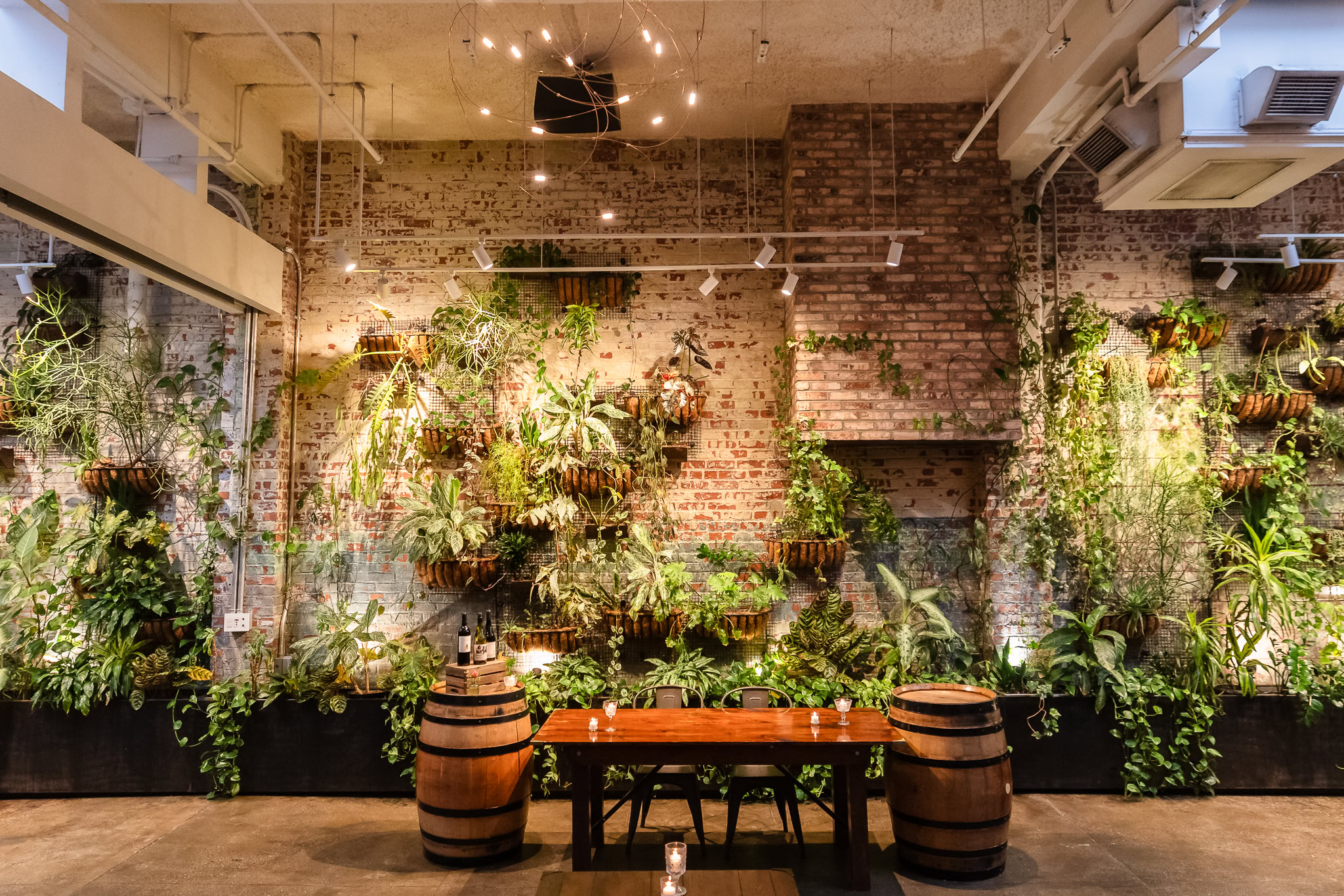 Brooklyn Winery's living plant wall framed by exposed brick, wine barrels, and a wooden table.